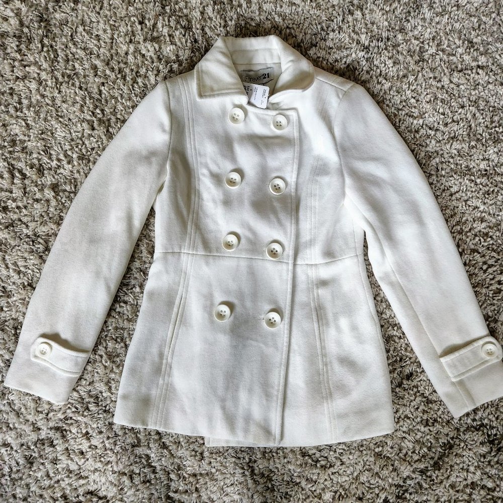 NWT Forever 21 White Double Breasted Peacoat Coat - Sz S